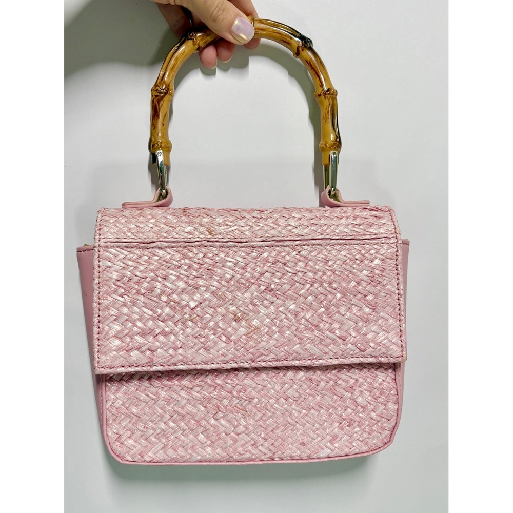 Pink Woven Straw Bamboo Handle Handbag Crossbody Bag with Detachable Strap